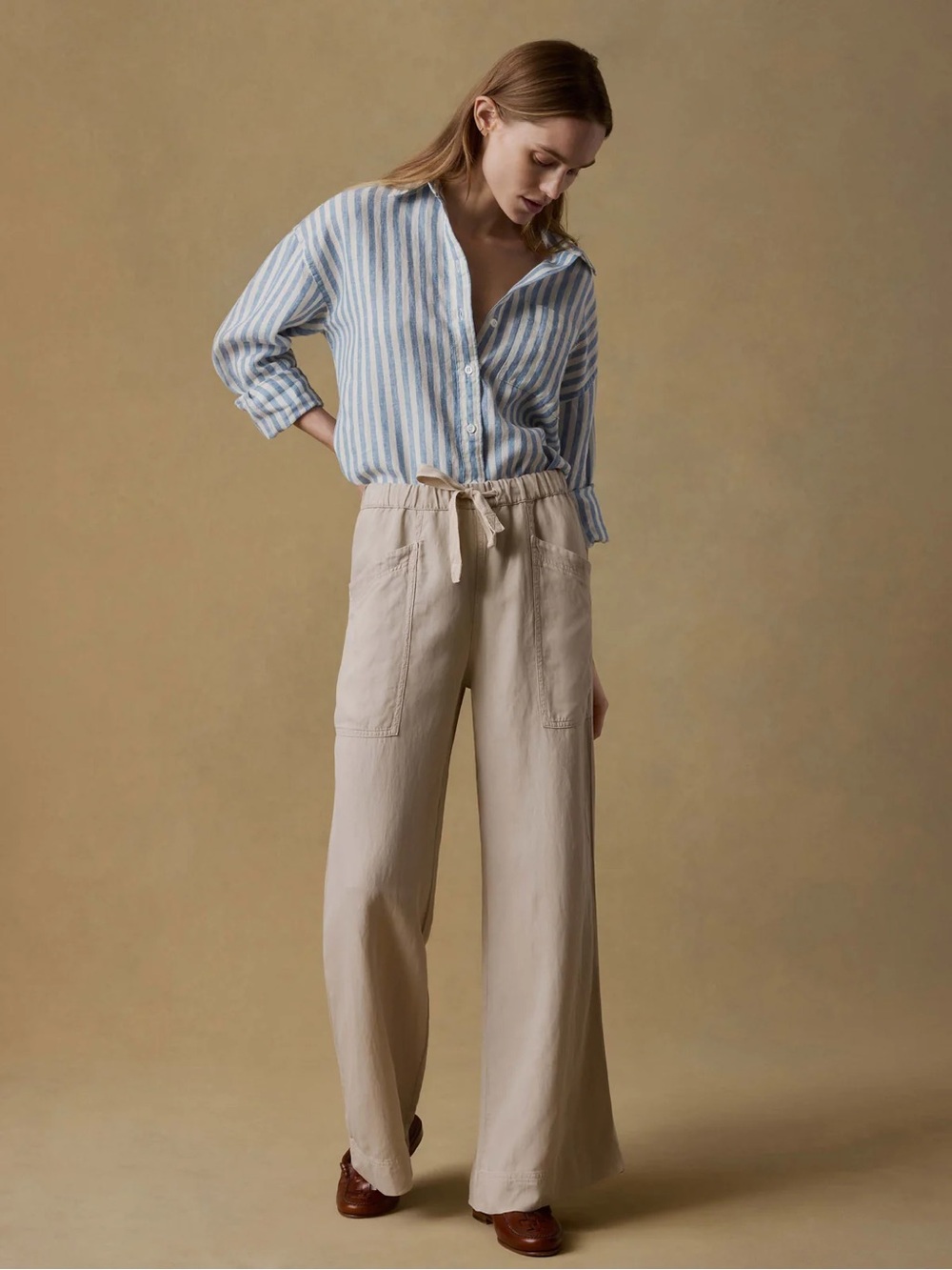 Faherty Women’s Topanga Linen Blend Wide Leg Pull On Drape Pant - Wheaten XL
